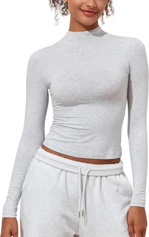 PrettyGuide Women's Cotton Long Sleeve Shirts Mock Neck Basic Tee Tight Fitted Fall Going Out Tops