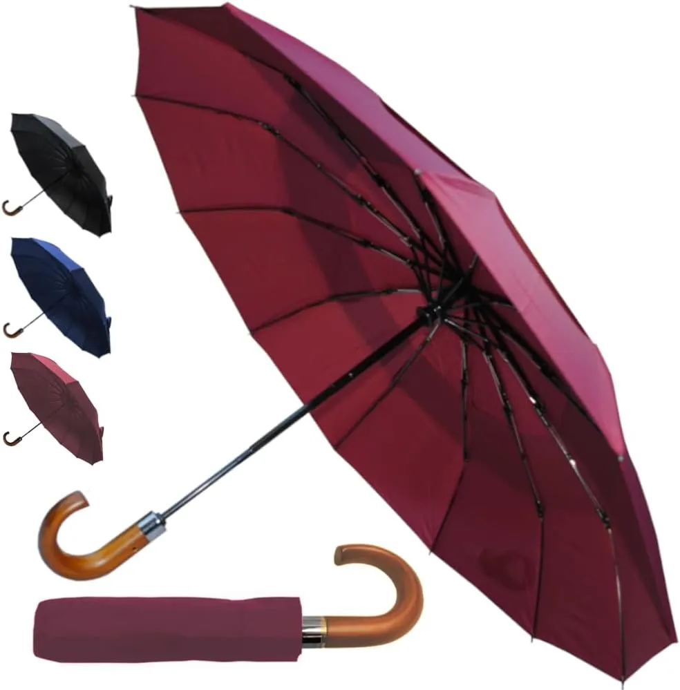 Rare 12 RIB Compact Windproof Umbrella for Rain - 50MPH - Best for Auto Open Close - Strong Frame with Fiberglass - Vented Canopy - Wooden Hook Handle - Travel Backpack
