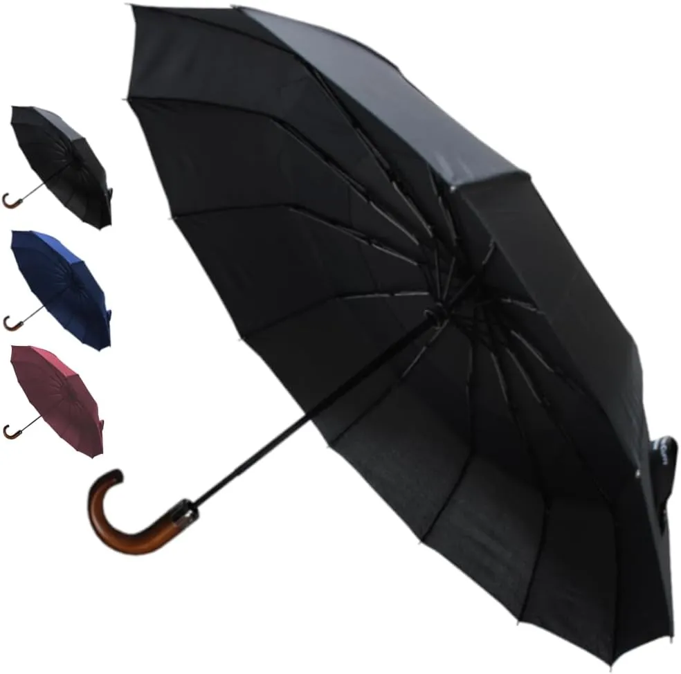 Rare 12 RIB Compact Windproof Umbrella for Rain - 50MPH - Best for Auto Open Close - Strong Frame with Fiberglass - Vented Canopy - Wooden Hook Handle - Travel Backpack