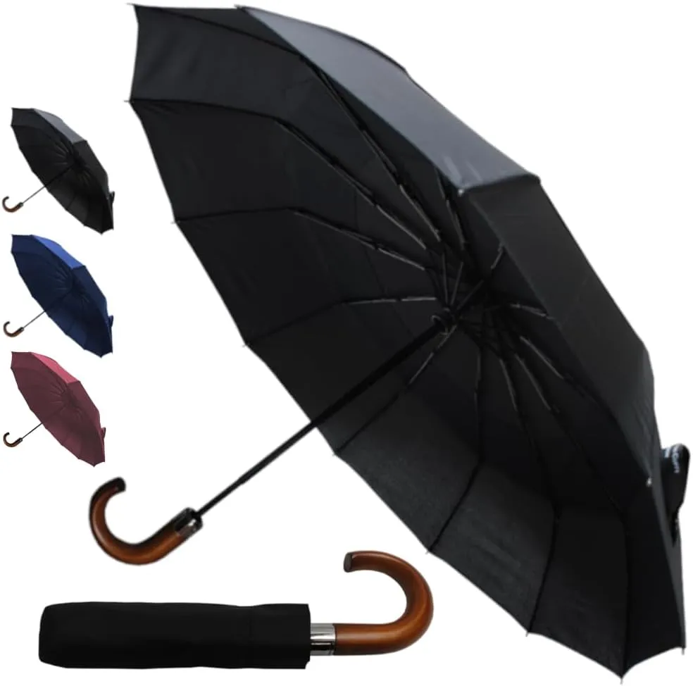 Rare 12 RIB Compact Windproof Umbrella for Rain - 50MPH - Best for Auto Open Close - Strong Frame with Fiberglass - Vented Canopy - Wooden Hook Handle - Travel Backpack