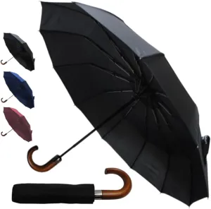 Rare 12 RIB Compact Windproof Umbrella for Rain - 50MPH - Best for Auto Open Close - Strong Frame with Fiberglass - Vented Canopy - Wooden Hook Handle - Travel Backpack
