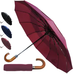 Rare 12 RIB Compact Windproof Umbrella for Rain - 50MPH - Best for Auto Open Close - Strong Frame with Fiberglass - Vented Canopy - Wooden Hook Handle - Travel Backpack