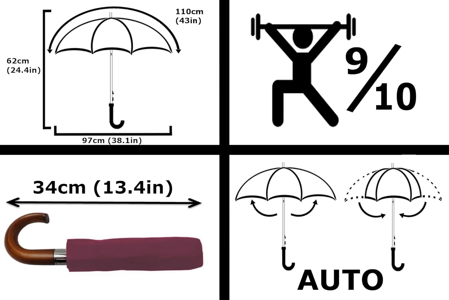 Rare 12 RIB Compact Windproof Umbrella for Rain - 50MPH - Best for Auto Open Close - Strong Frame with Fiberglass - Vented Canopy - Wooden Hook Handle - Travel Backpack