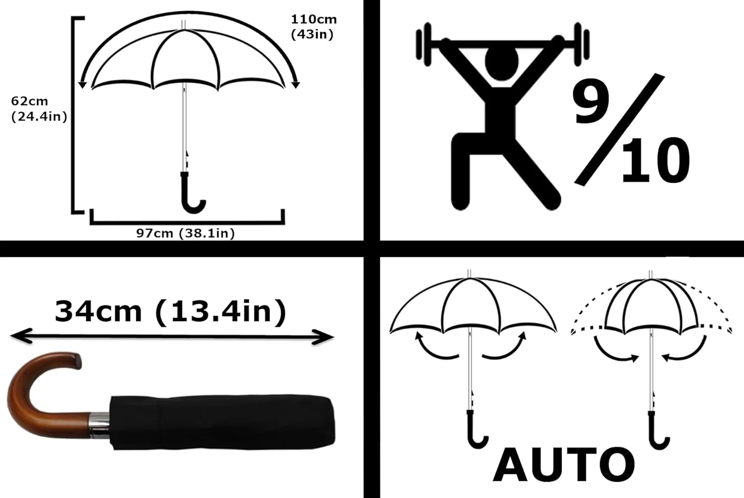 Rare 12 RIB Compact Windproof Umbrella for Rain - 50MPH - Best for Auto Open Close - Strong Frame with Fiberglass - Vented Canopy - Wooden Hook Handle - Travel Backpack