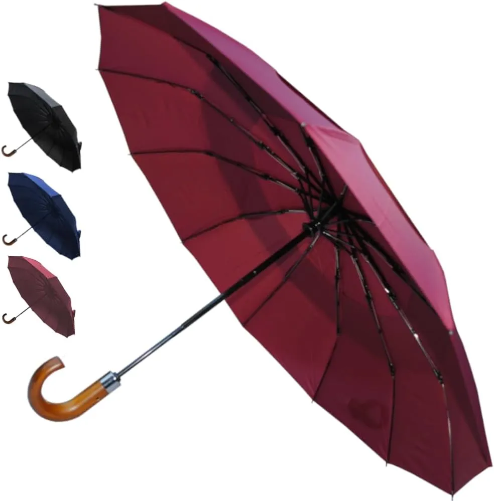 Rare 12 RIB Compact Windproof Umbrella for Rain - 50MPH - Best for Auto Open Close - Strong Frame with Fiberglass - Vented Canopy - Wooden Hook Handle - Travel Backpack