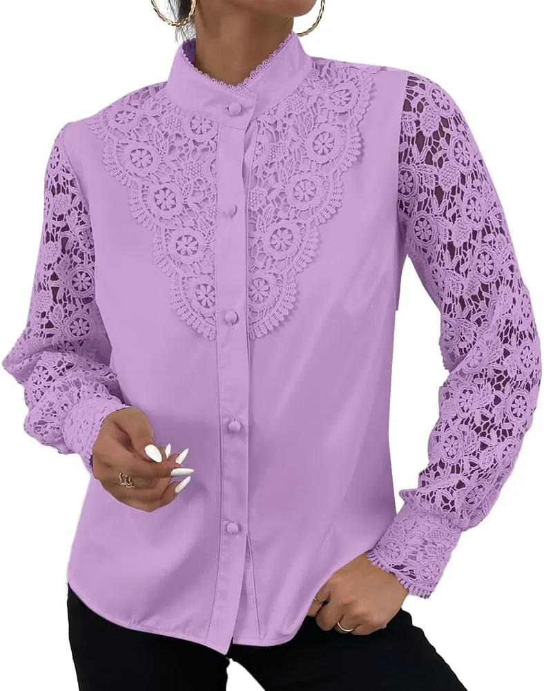 Rooscier Women's Lace Crochet Mock Neck Long Sleeve Button Elegant Blouse Shirt Top