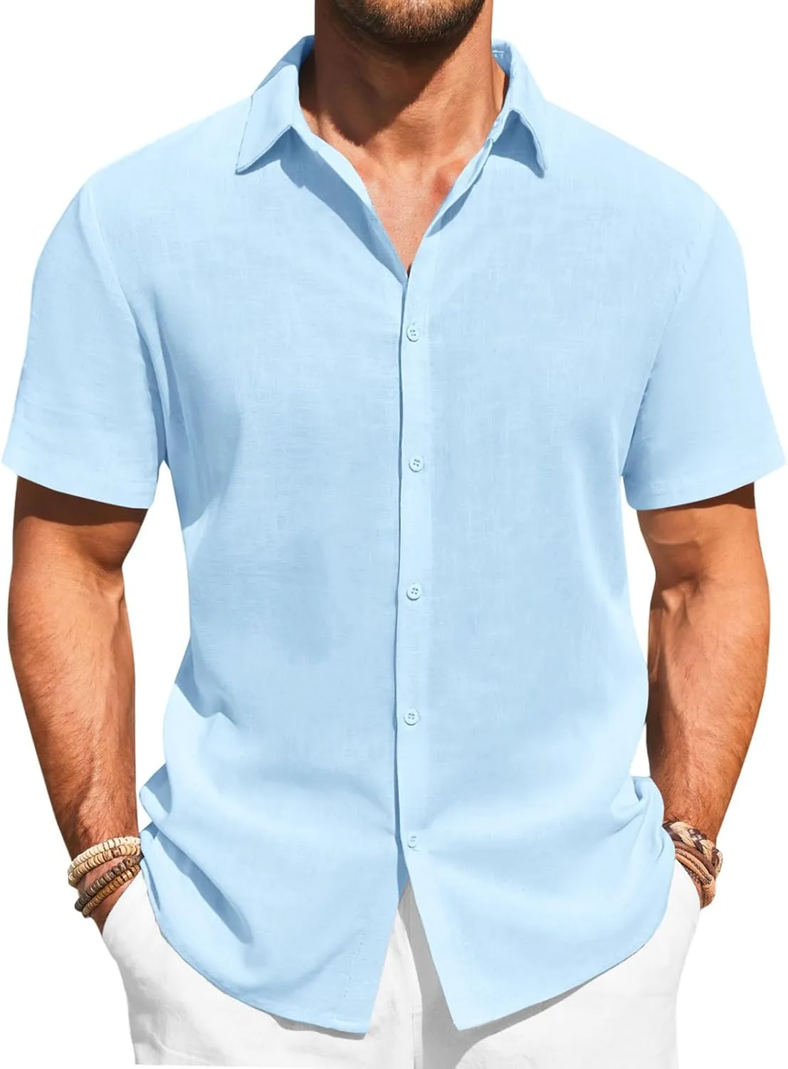 Runcati Mens Button Down Shirts Casual Short Sleeve Beach Shirt Summer Cotton Linen Lightweight Hippie Tops