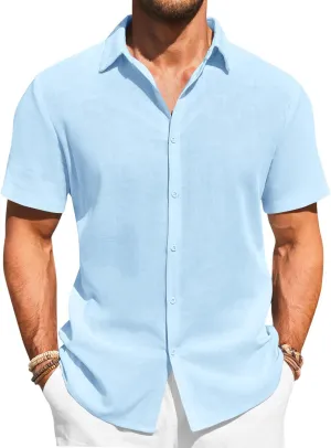 Runcati Mens Button Down Shirts Casual Short Sleeve Beach Shirt Summer Cotton Linen Lightweight Hippie Tops