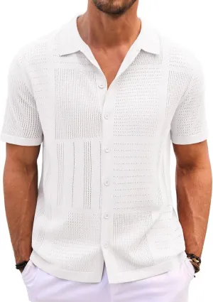 Runcati Mens Knit Button Down Shirt Casual Short Sleeve Cotton Polo Shirt Hollow Out Summer Beach Tops