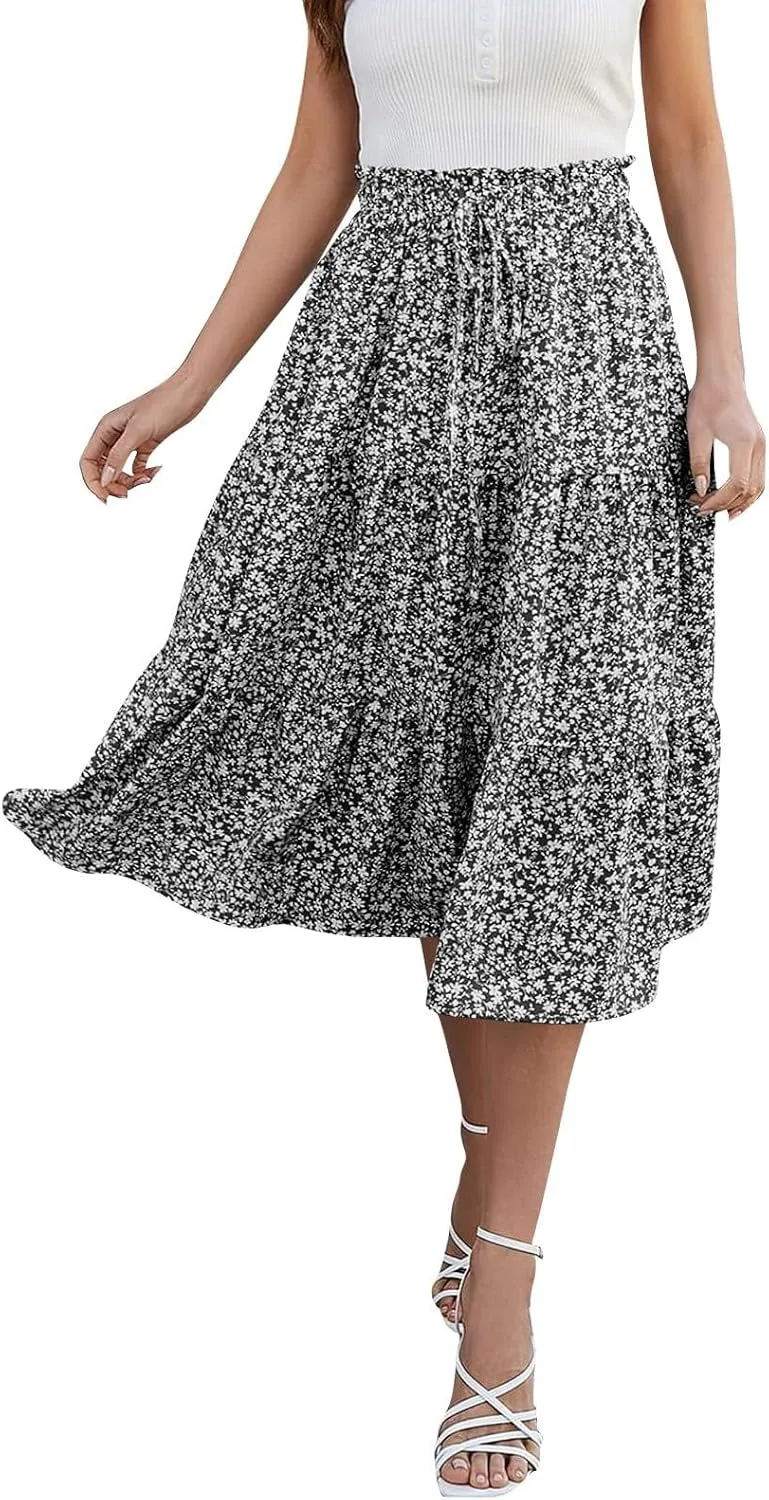 Skirts for Women Summer Flowy Tiered Elastic High Waisted Vacation Skirt A-Line Swing Long Floral Midi Skirts