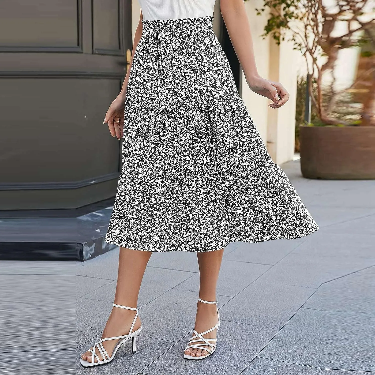 Skirts for Women Summer Flowy Tiered Elastic High Waisted Vacation Skirt A-Line Swing Long Floral Midi Skirts