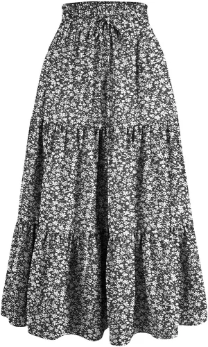 Skirts for Women Summer Flowy Tiered Elastic High Waisted Vacation Skirt A-Line Swing Long Floral Midi Skirts
