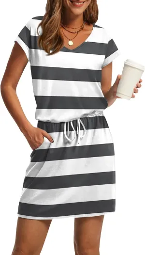 Striped Dress for Women Loose V Neck Short Sleeve Tie Front Short Dress Cute Summer Beachy Knee Length Shift Dresses