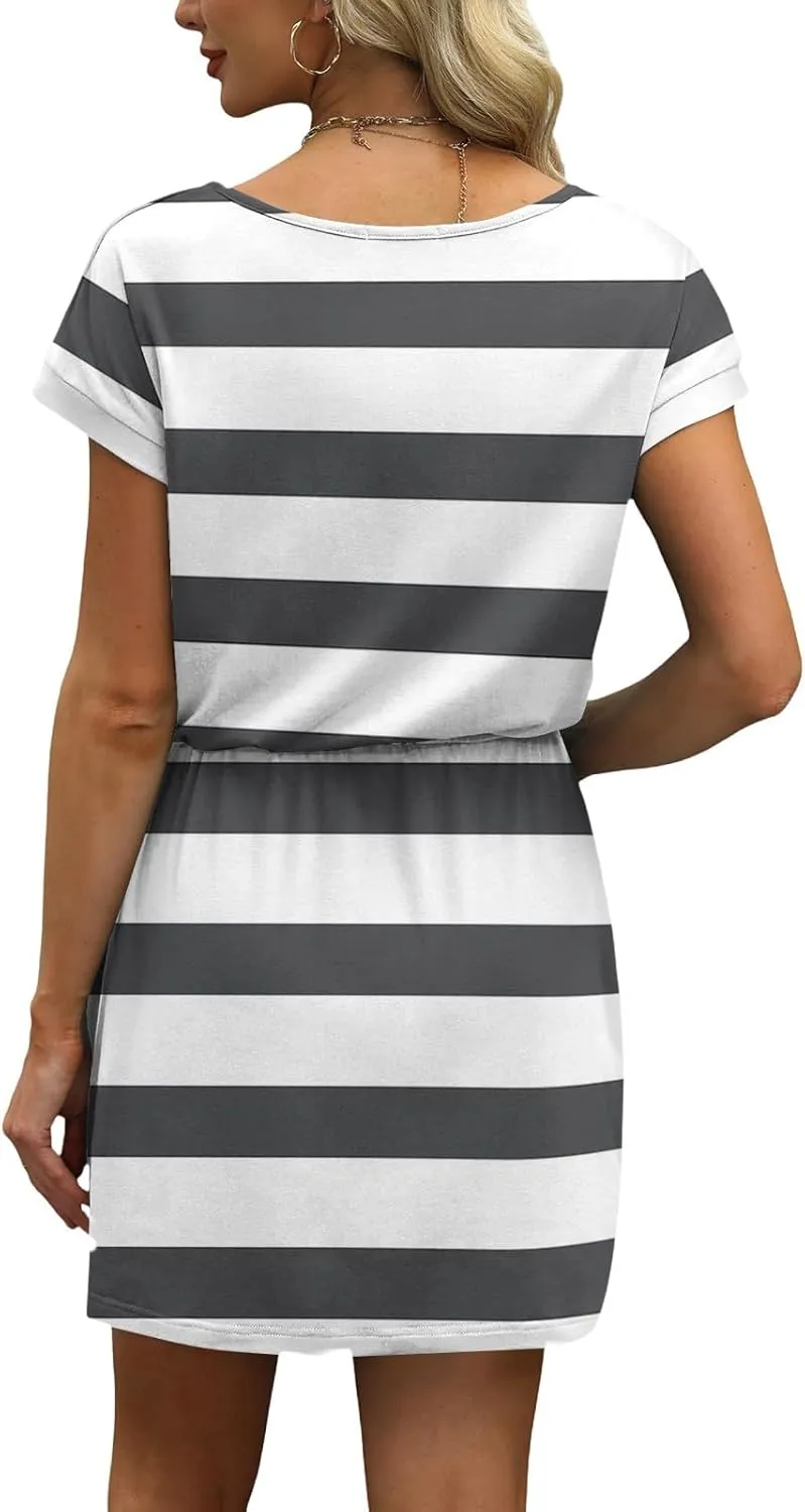 Striped Dress for Women Loose V Neck Short Sleeve Tie Front Short Dress Cute Summer Beachy Knee Length Shift Dresses