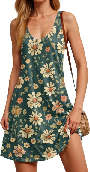 Summer Dresses for Women V Neck Casual Sundress 2025 Printed Swimsuit Coverup Sleeveless Beach Dress with Pocket