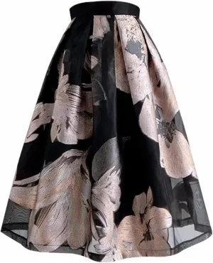 Summer Women Floral Print High Waist Pleated Long Tulle Midi Skirt Pleated Umbrella Skirt