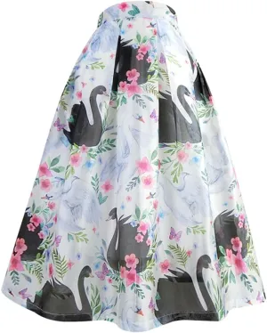 Summer Women Floral Print High Waist Pleated Long Tulle Midi Skirt Pleated Umbrella Skirt