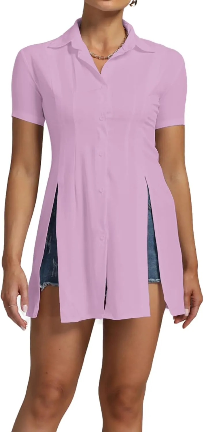 Umenlele Womens Collared Button Down Short Sleeve Split Side Work Long Blouse Top Dress Shirt