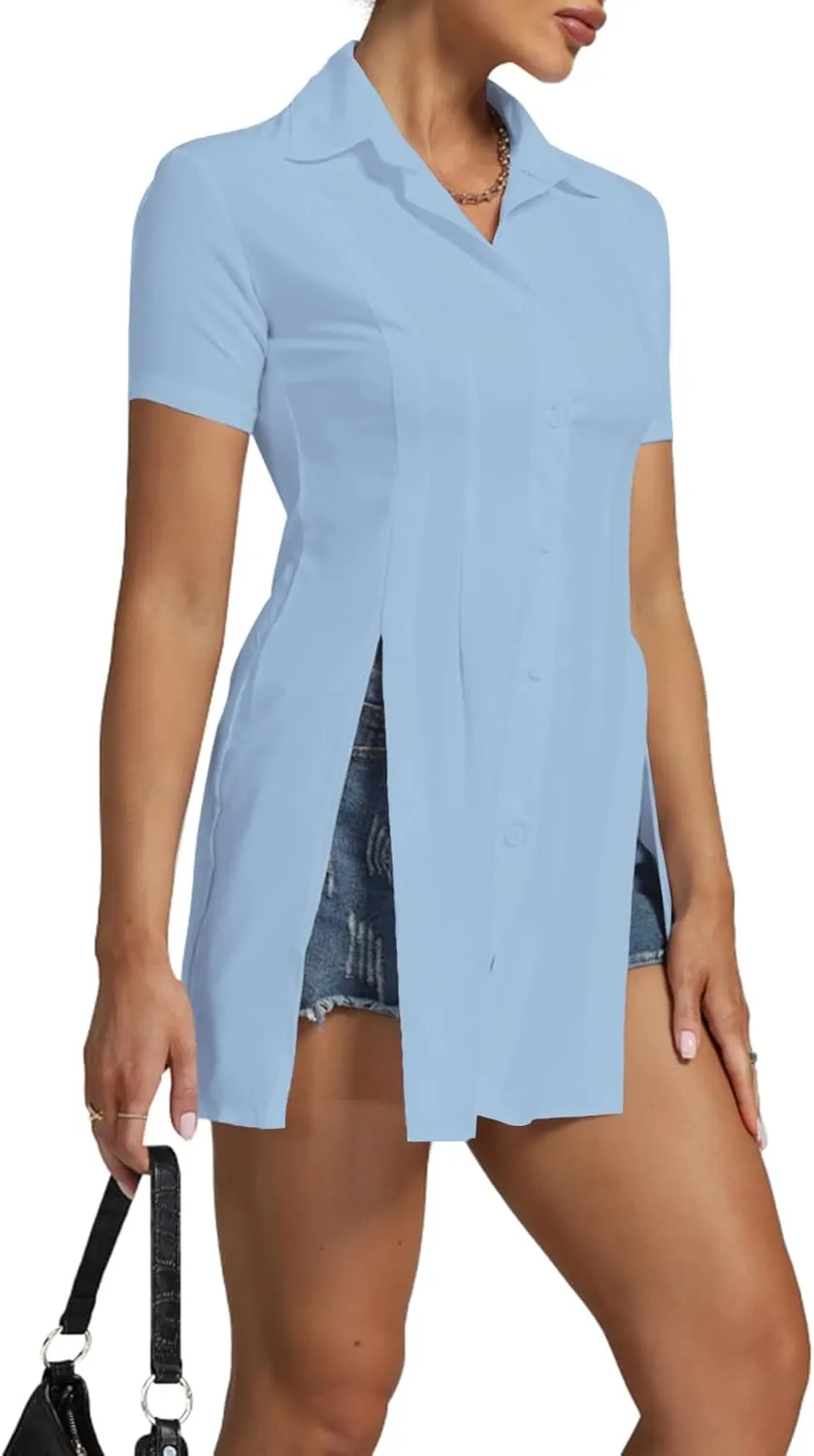 Umenlele Womens Collared Button Down Short Sleeve Split Side Work Long Blouse Top Dress Shirt