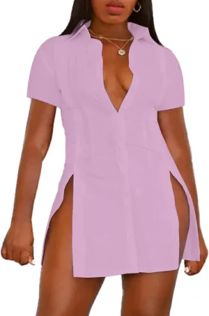 Umenlele Womens Collared Button Down Short Sleeve Split Side Work Long Blouse Top Dress Shirt