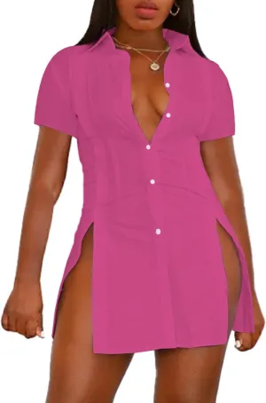 Umenlele Womens Collared Button Down Short Sleeve Split Side Work Long Blouse Top Dress Shirt