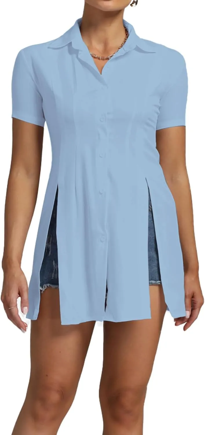 Umenlele Womens Collared Button Down Short Sleeve Split Side Work Long Blouse Top Dress Shirt