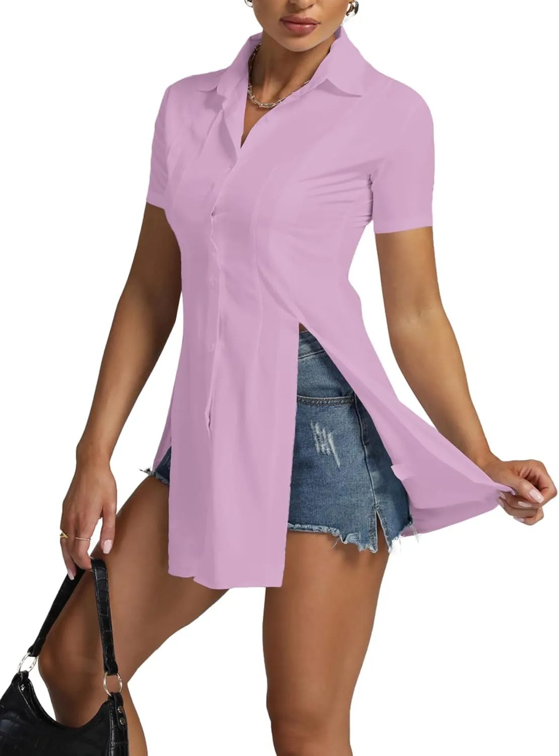 Umenlele Womens Collared Button Down Short Sleeve Split Side Work Long Blouse Top Dress Shirt
