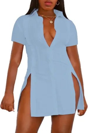 Umenlele Womens Collared Button Down Short Sleeve Split Side Work Long Blouse Top Dress Shirt