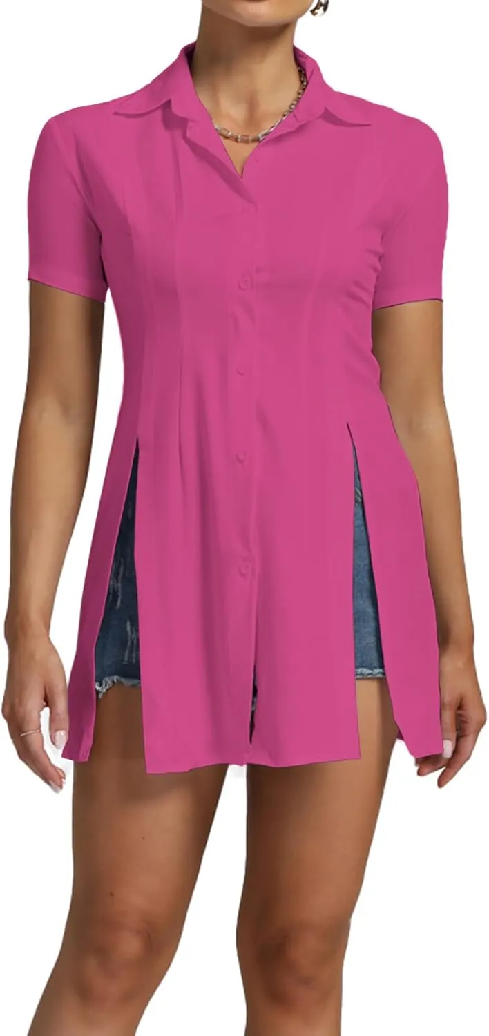 Umenlele Womens Collared Button Down Short Sleeve Split Side Work Long Blouse Top Dress Shirt