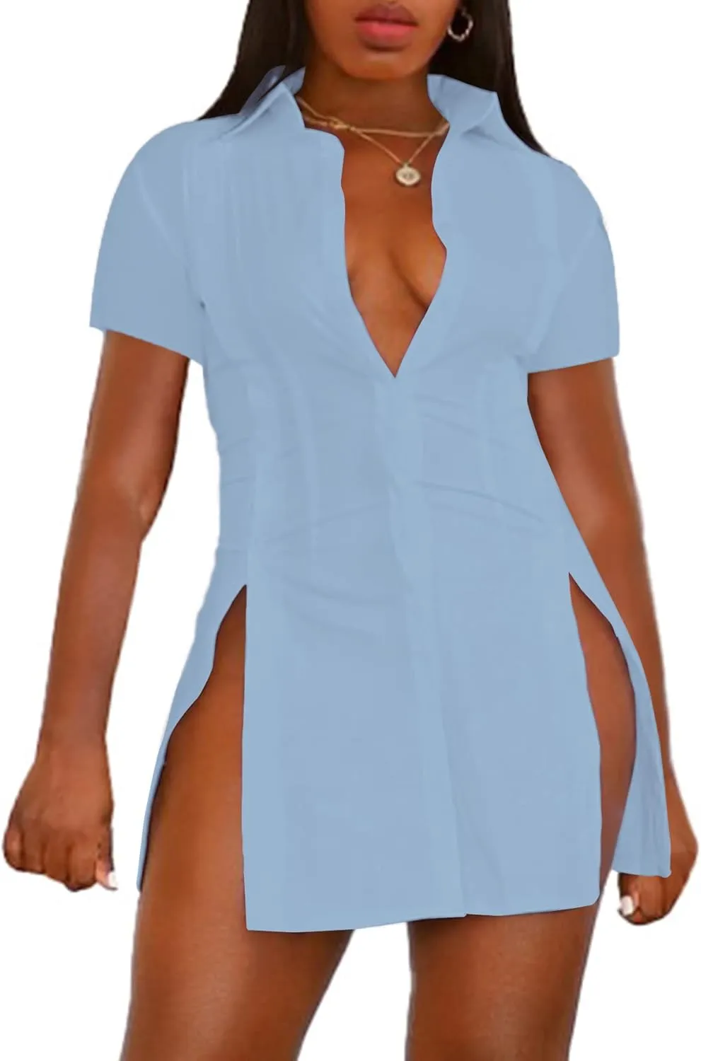 Umenlele Womens Collared Button Down Short Sleeve Split Side Work Long Blouse Top Dress Shirt