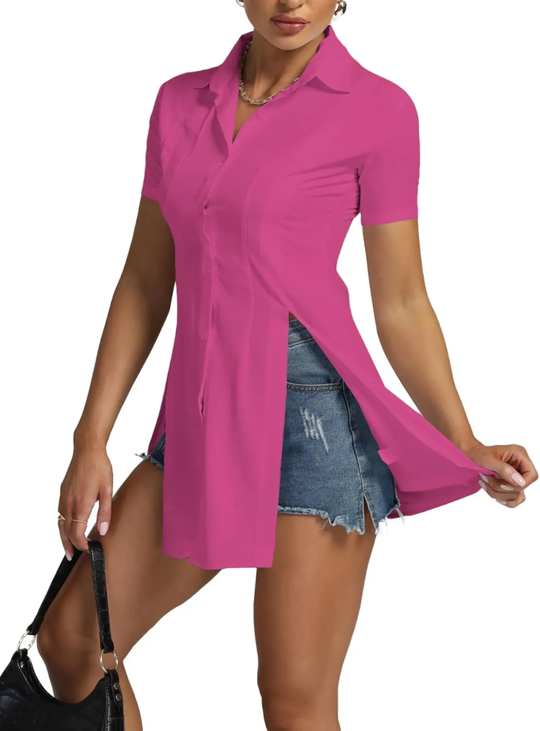 Umenlele Womens Collared Button Down Short Sleeve Split Side Work Long Blouse Top Dress Shirt