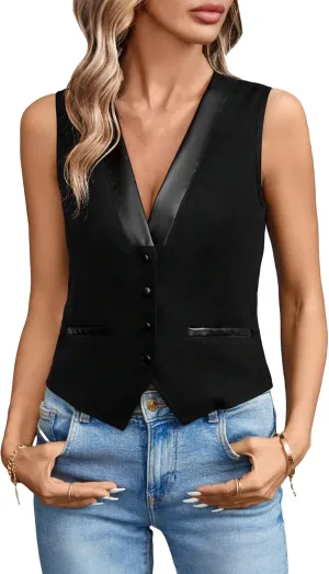 Verdusa Women's Button Front Asymmetrical Hem V Neck Sleeveless Vest Top Lightweight Jacket