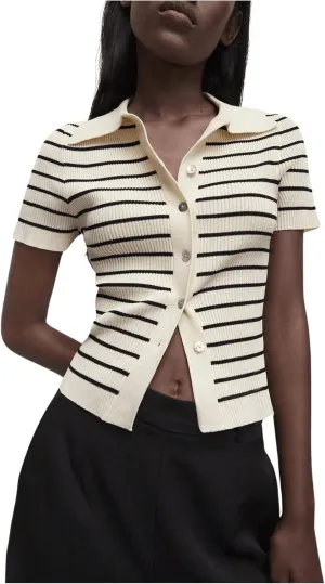 Verdusa Women's Striped Ribbed Knit Button Down Sweater Top Collar Short Sleeve Tee