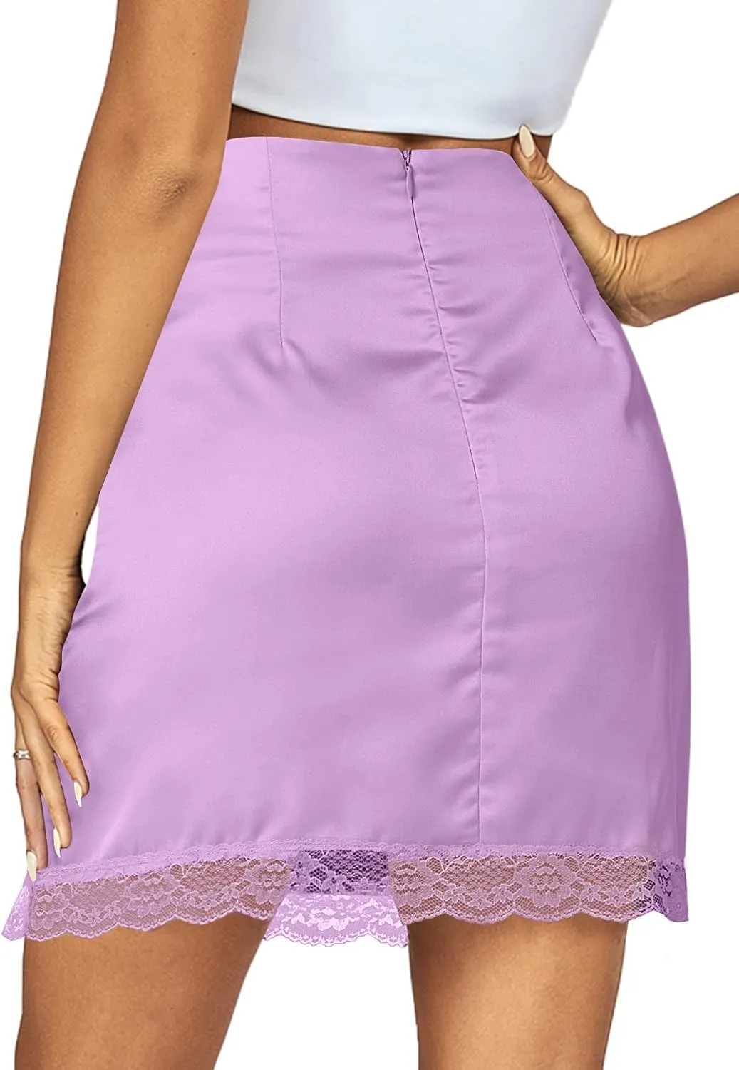 Vrtige Women's Satin Lace Trim High Waist Split Hem Bodycon Mini Short Skirt