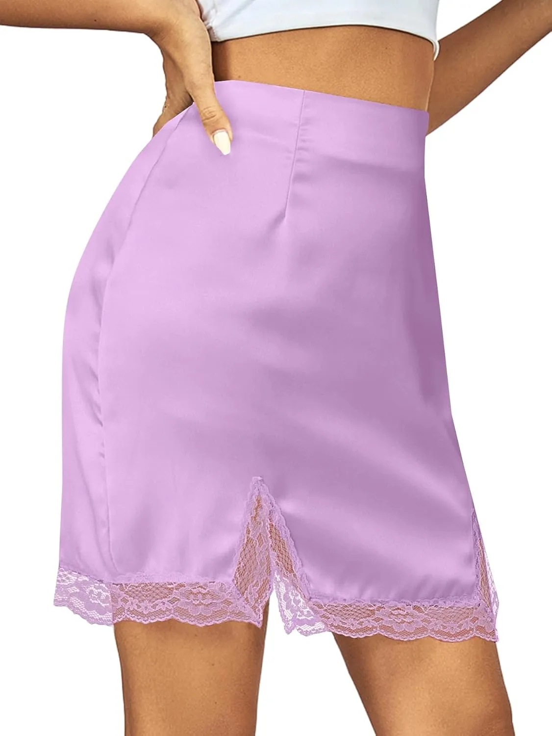 Vrtige Women's Satin Lace Trim High Waist Split Hem Bodycon Mini Short Skirt