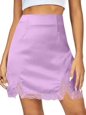Vrtige Women's Satin Lace Trim High Waist Split Hem Bodycon Mini Short Skirt