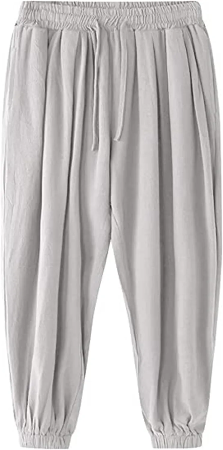 Wankang Men's Cotton Linen Harem Pants Drawstring Casual Bagge Trousers Lightweight Loose Beach Yoga Pants for Men