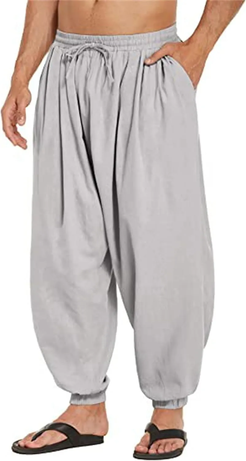 Wankang Men's Cotton Linen Harem Pants Drawstring Casual Bagge Trousers Lightweight Loose Beach Yoga Pants for Men