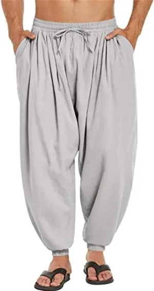 Wankang Men's Cotton Linen Harem Pants Drawstring Casual Bagge Trousers Lightweight Loose Beach Yoga Pants for Men