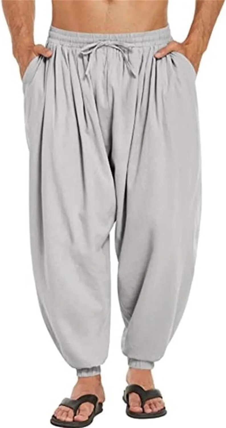 Wankang Men's Cotton Linen Harem Pants Drawstring Casual Bagge Trousers Lightweight Loose Beach Yoga Pants for Men