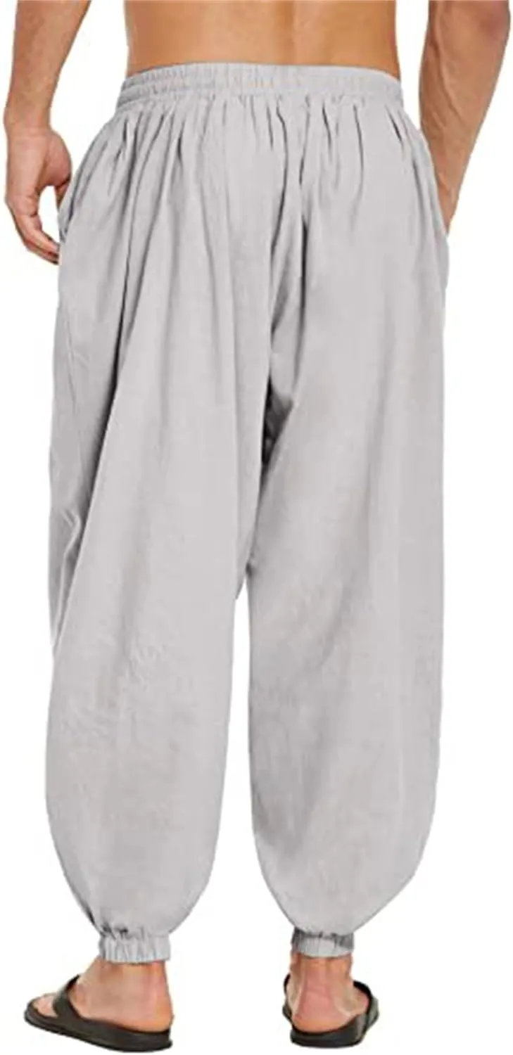 Wankang Men's Cotton Linen Harem Pants Drawstring Casual Bagge Trousers Lightweight Loose Beach Yoga Pants for Men