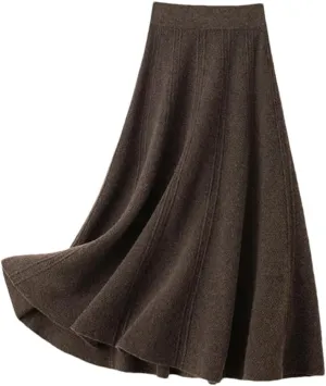 Women High Waist Knit Umbrella Skirt Wool Solid Elastic A-Line Office Lady Skirts