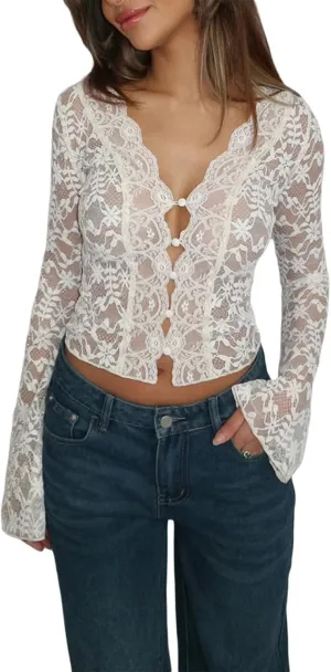 Women Sexy V Neck Lace Top Y2K Long Flared Sleeve Sheer Mesh Crop Shirt Low Cut Floral Slim See Through Going Out Top