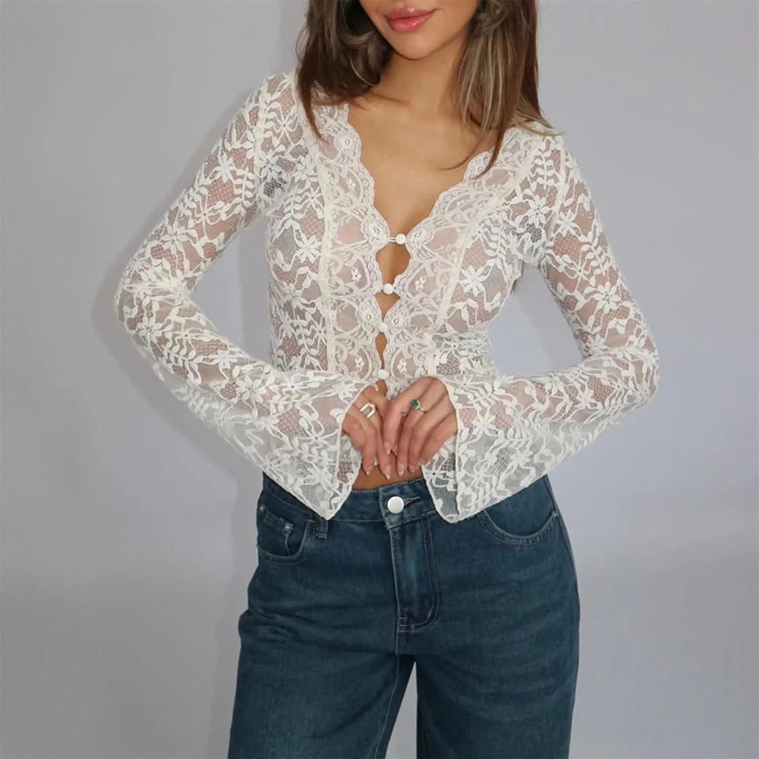 Women Sexy V Neck Lace Top Y2K Long Flared Sleeve Sheer Mesh Crop Shirt Low Cut Floral Slim See Through Going Out Top