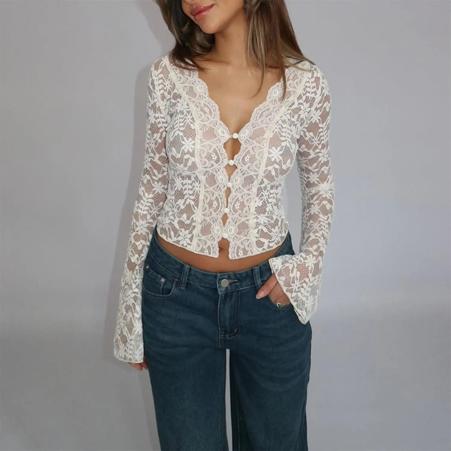 Women Sexy V Neck Lace Top Y2K Long Flared Sleeve Sheer Mesh Crop Shirt Low Cut Floral Slim See Through Going Out Top