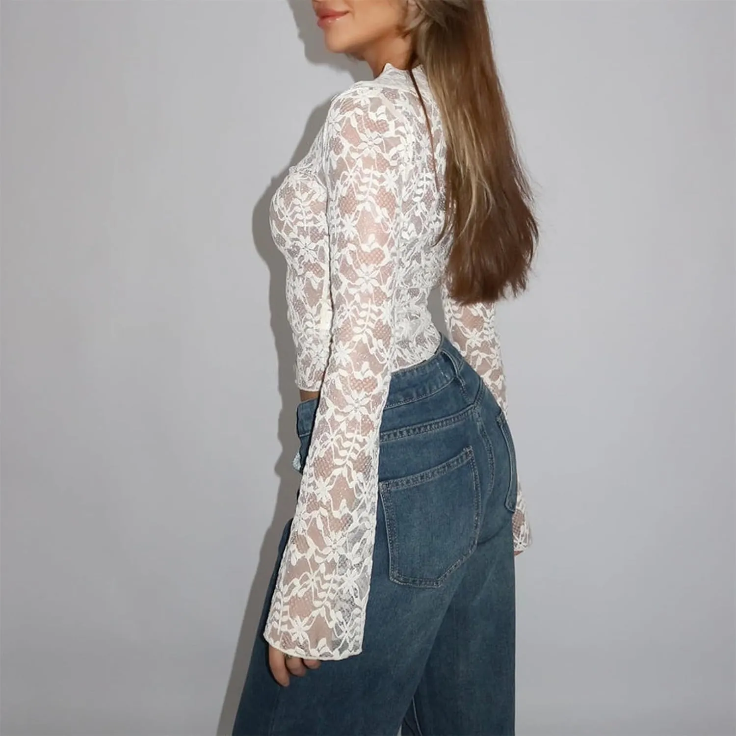 Women Sexy V Neck Lace Top Y2K Long Flared Sleeve Sheer Mesh Crop Shirt Low Cut Floral Slim See Through Going Out Top
