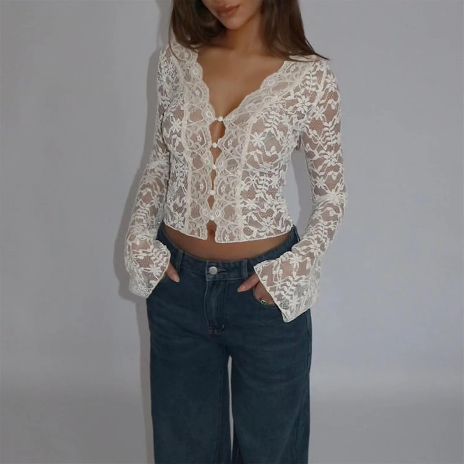 Women Sexy V Neck Lace Top Y2K Long Flared Sleeve Sheer Mesh Crop Shirt Low Cut Floral Slim See Through Going Out Top
