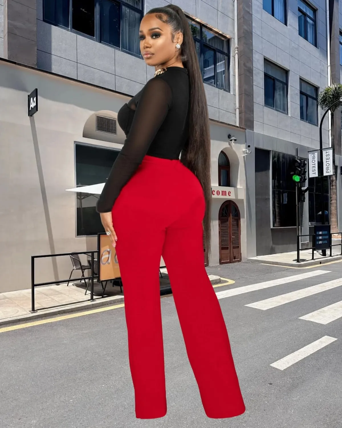 Women Stretchy Straight Leg Dress Pants Comfy Solid Classic High Waisted Wide Leg Long Bootcut Pant Slacks Work Office