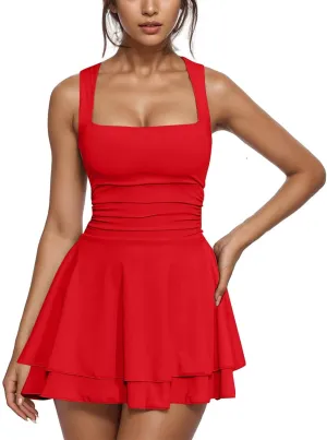 Women Summer Casual Mini Dress Square Neck Sleeveless Short Ruffle Dresses Layered Slim Flowy Aline Tennis Dress