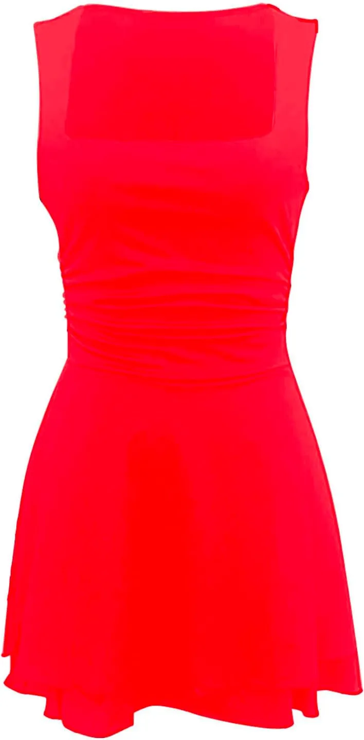 Women Summer Casual Mini Dress Square Neck Sleeveless Short Ruffle Dresses Layered Slim Flowy Aline Tennis Dress